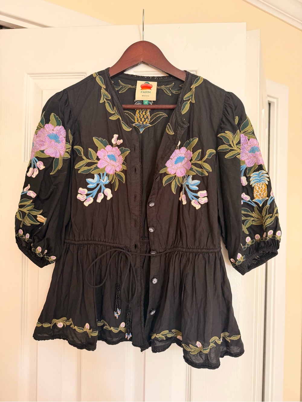Farm Rio Black Embroidered Floral Peasant Blouse